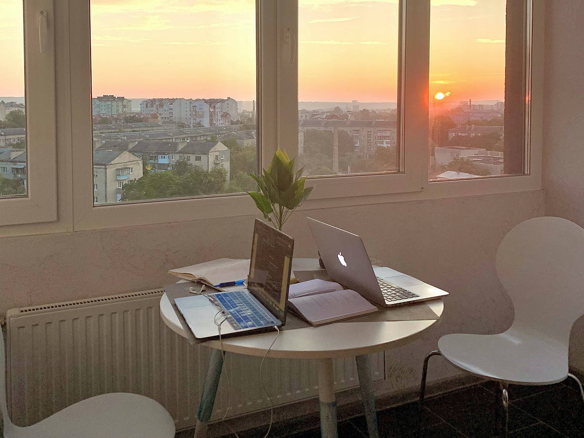 laptop and sunrise